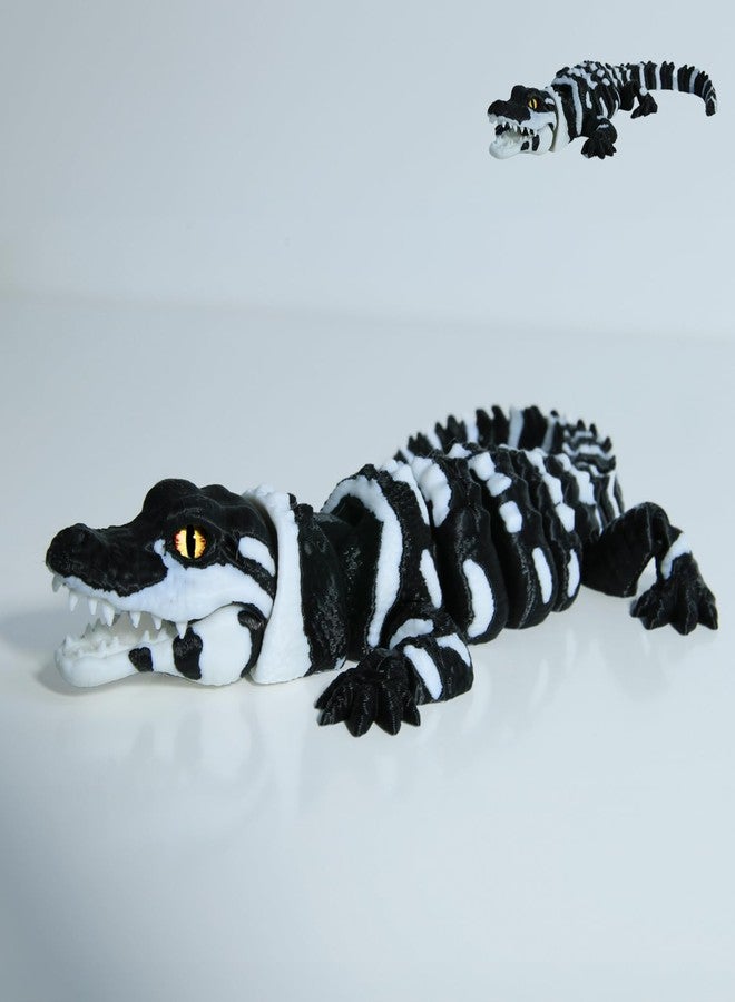coonoe 3D Printed Articulated Crocodile - Opening Mouth and Glass Eyes - Flexible Joint Animal Models - Surprise Gifts for Fidget Enthusiasts - Made from PLA - Black and White - Image 1